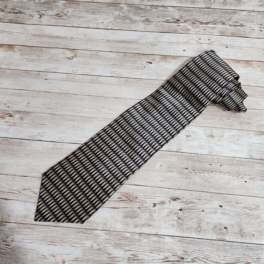 STONEHENGE GOLD AND BLUE MULTICOLOR GEOMETRIC SILK NECKTIE TIE HANDMADE